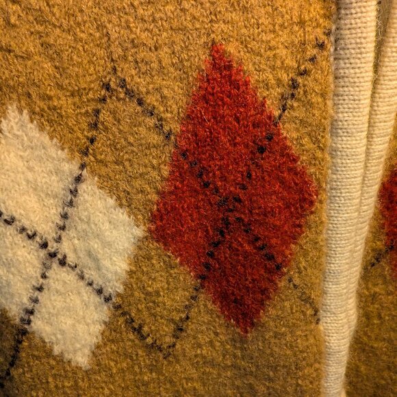 RARE Vintage 100% Wool  Camel Tan w/ Cream Trim Argyle Zip Cardigan | Size S/M - Picture 6 of 12